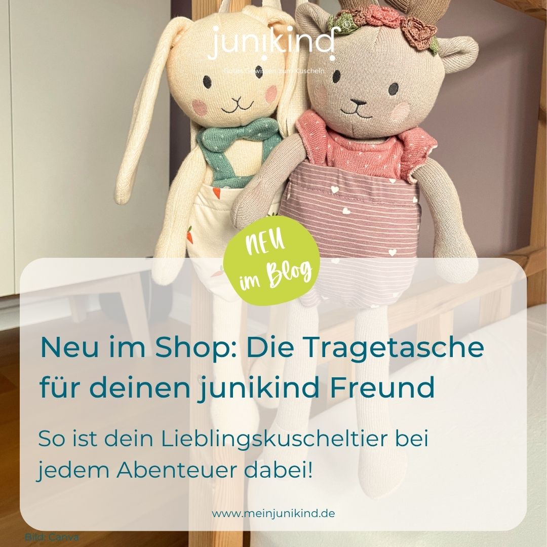 junikind Kuscheltiere sitzen in Kuscheltier-Tasche, made in Germany
